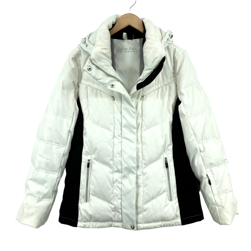 Calvin Klein Women's White & Black Full Zipper Hooded Snow Winter Jacket Size L